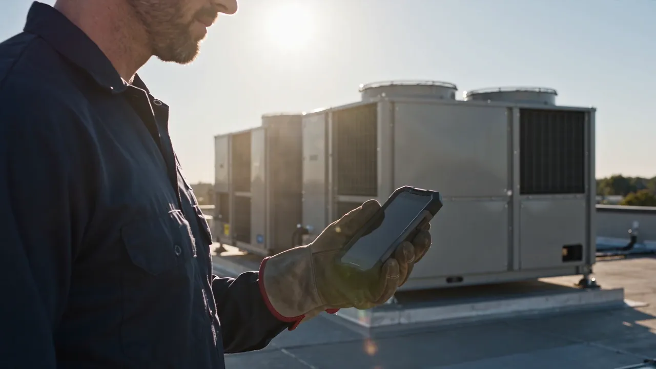 Gloved HVAC technician holding a field smartphone on a sunlit commercial rooftop
