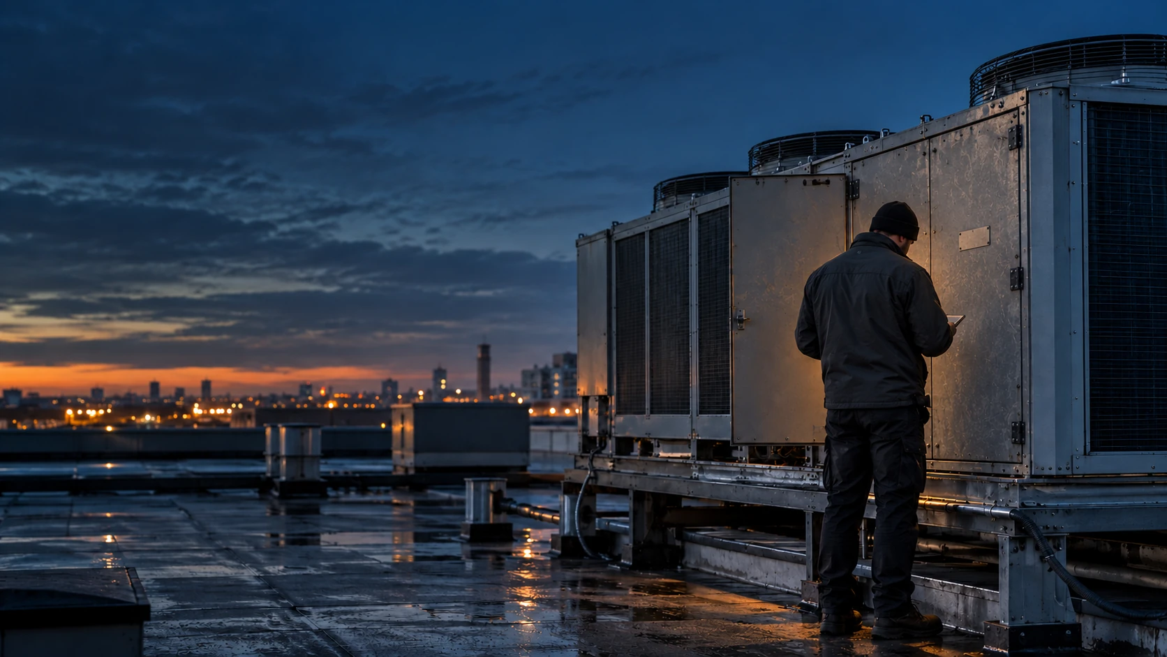 Illustrative HVAC technician beside rooftop equipment at dusk